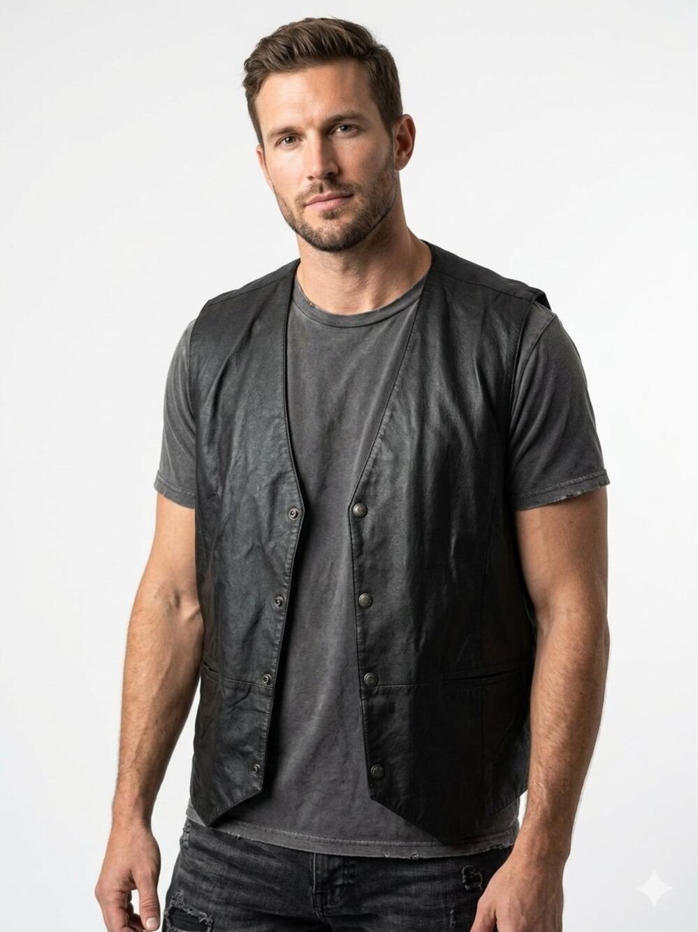 Vintage Phase Three Black Leather Button Up Biker Vest - 2XT